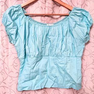 Sara 3XL RetroCropped Peasant Top in Aqua Blue Vintage Inspired Smocked Shirt